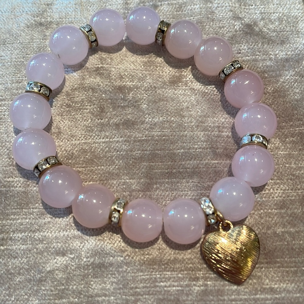 Rose Quartz Gold Heart Beaded Stretch Bracelet size 8-9”